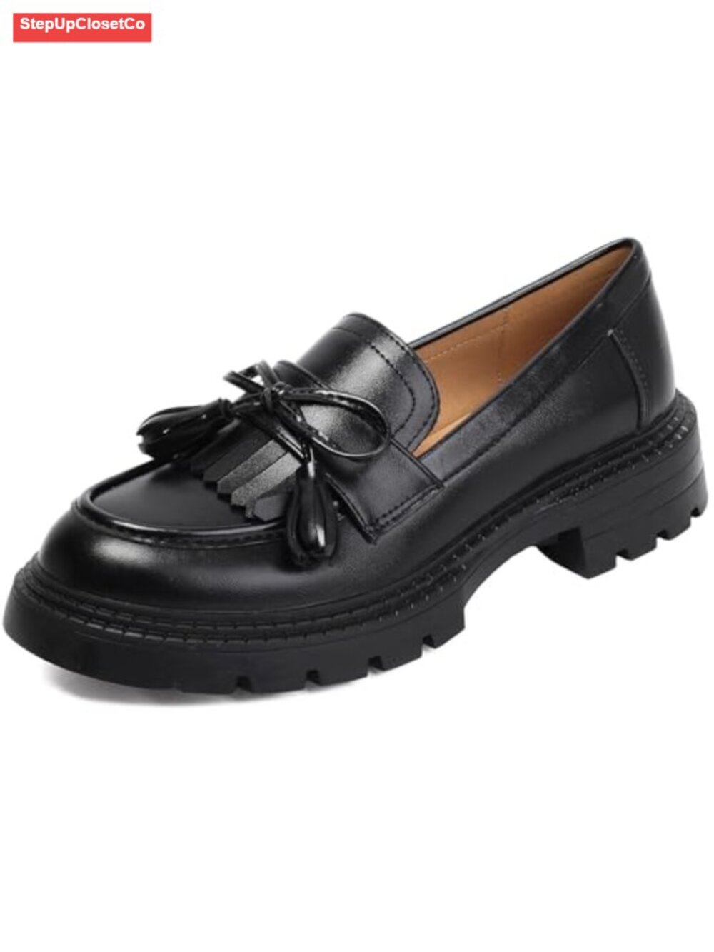 Black Platform Loafers Women's Chunky Slip-On Leather Shoes Work
